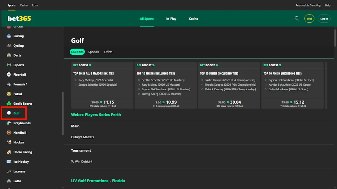 bet365 Golf Betting Screenshot